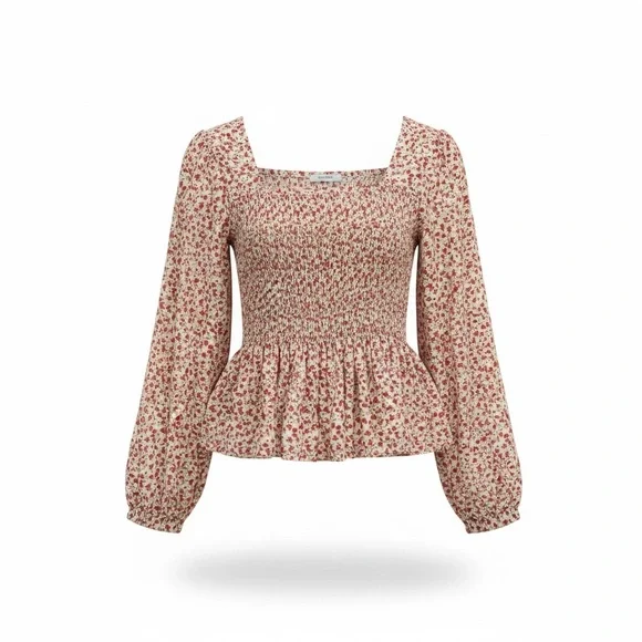 Smocked Square-Neck Blouse in Cream with Red Floral Print - Picture 7 of 10